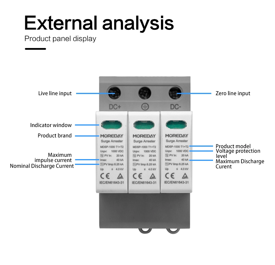 Moreday 1p 2p 3p 4p 20ka 40ka DIN Rail DC Solar Surge Protector 2 Pole 1000V DC Surge Protective Device (SPD)