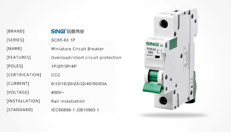 Singi Sc65-63 10ka 1p 63A Electric Low Voltage MCB Miniature Circuit Breaker